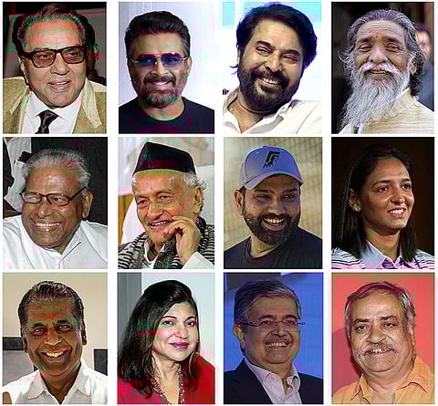 This combo image shows Padma Awardees for 2026, New Delhi: First row, from left, Actors Dharmendra Singh Deol, R Madhavan, Mammootty, and former MP Shibu Soren, second row, from left, Activist V S Achuthanandan, former BJP MP Bhagat Singh Koshyari, cricketers Rohit Sharma, and Harmanpreet Kaur, third row, from left, former tennis player Vijay Amritraj, singer Alka Yagnik, banker Uday Kotak, and adman Piyush Pandey.