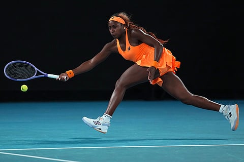 Coco Gauff of the U.S. plays a forehand return to Elina Svitolina of Ukraine during their quarterfinal match at the Australian Open tennis championship in Melbourne, Australia.