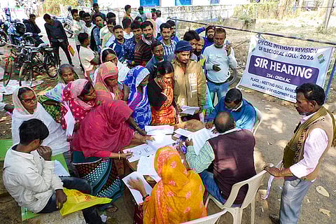 People during hearings under the Special Intensive Revision (SIR) of electoral rolls, in Bankura district of West Bengal.
