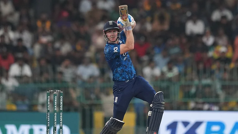 England's captain Harry Brook hits a six during the third ODI cricket match between England and Sri Lanka in Colombo, Sri Lanka, Tuesday, Jan. 27, 2026. - (AP Photo/Eranga Jayawardena)