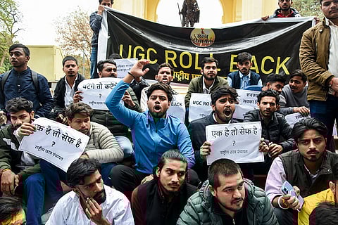 Students under the banner of 'Chhatra Panchayat' stage a protest against the University Grants Commission's recently notified 'Promotion of Equity in Higher Education Institutions Regulations, 2026', in Lucknow.