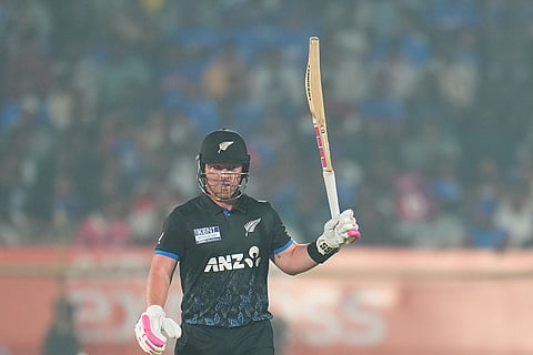 New Zealand's Tim Seifert celebrates after scoring fifty runs during the fourth T20 cricket match between India and New Zealand in Visakhapatnam.