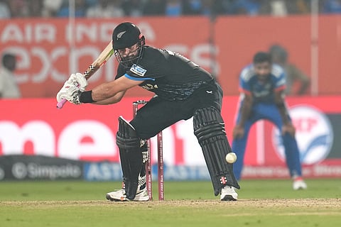 New Zealand's Daryl Mitchell plays a shot during the fourth T20 cricket match between India and New Zealand in Visakhapatnam.