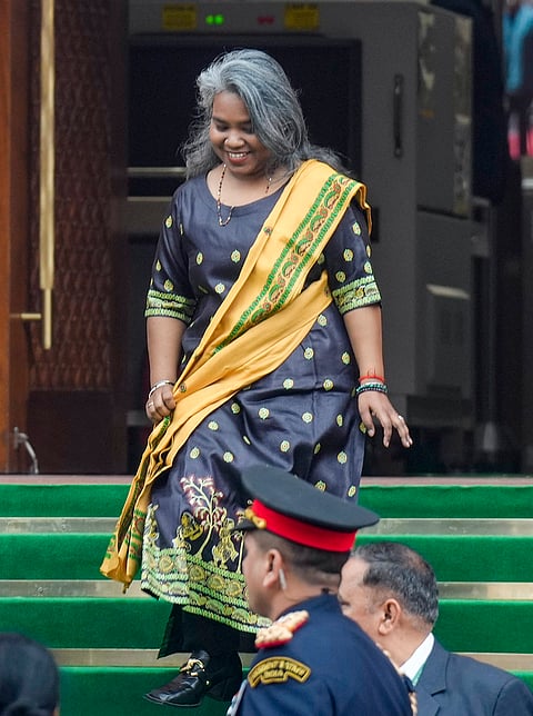 Itishree Murmu, daughter of President Droupadi Murmu, at the Parliament House complex, in New Delhi.
