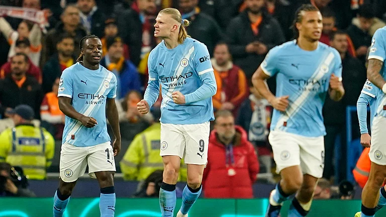 Manchester City's Erling Haaland celebrates after scoring the opening goal during the Champions League opening phase match against Galatasaray in Manchester, England, Wednesday, Jan. 28, 2026. - | Photo: AP/Dave Thompson