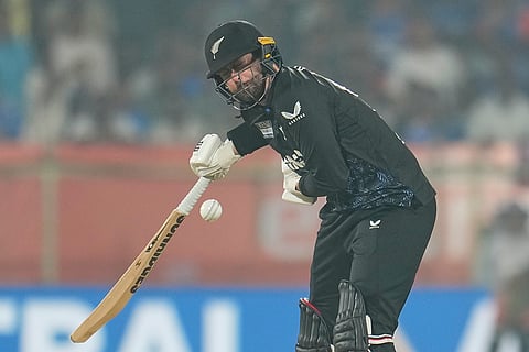 New Zealand's Devon Conway plays a shot during the fourth T20 cricket match between India and New Zealand in Visakhapatnam.