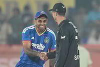 | Photo: AP/Aijaz Rahi : India's captain Suryakumar Yadav, left, shakes hand with New Zealand's captain Mitchel Santner after the toss at the start of the fourth T20 cricket match between India and New Zealand in Visakhapatnam.