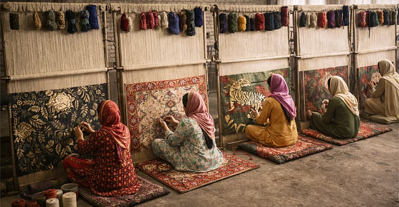 Four artisans weaving intricate patterns on large looms for Pittari home décor.