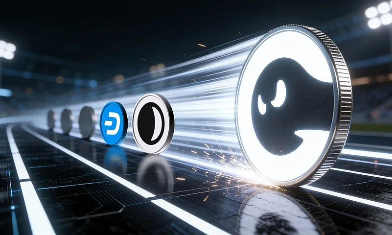 Cryptocurrency coins, one with a ghost logo, racing at high speed on an athletic track