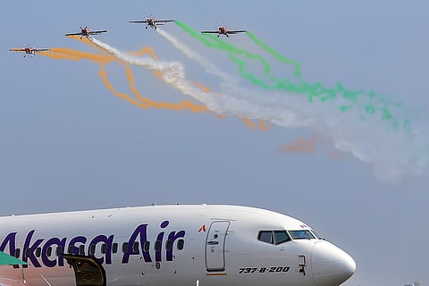Mark Jeffery Aerobatic Team performs manoeuvres during the inauguration of Wings India 2026, Asia's largest civil aviation exhibition and conference, at Begumpet Airport, in Hyderabad.