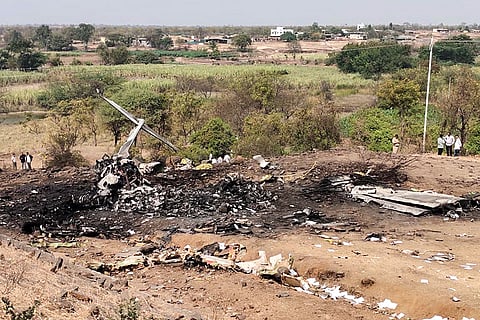Wreckage of the plane that was carrying Maharashtra Deputy Chief Minister Ajit Pawar and four others after it crashed during landing, near Baramati in Pune district, Maharashtra. All five on board were killed in the crash.