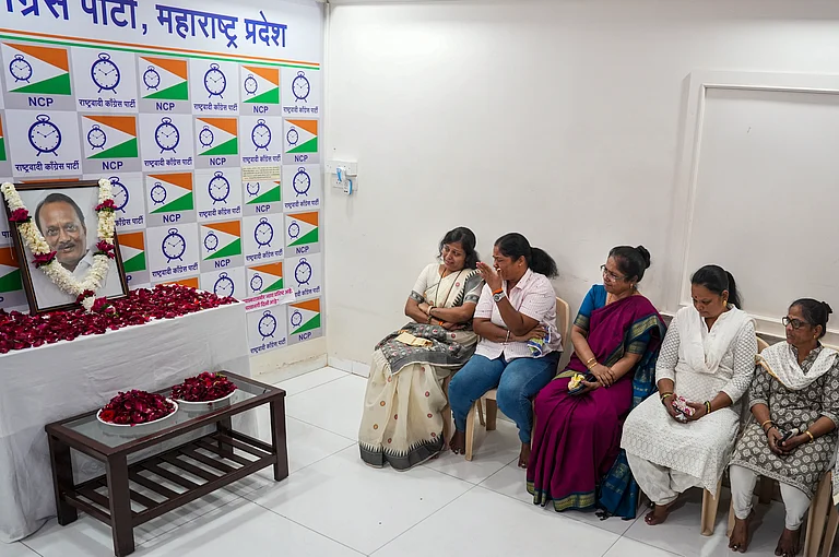 NCP workers mourn the death of party leader and Maharashtra Deputy Chief Minister Ajit Pawar, at the party office in Mumbai, Wednesday, Jan. 28, 2026. - PTI