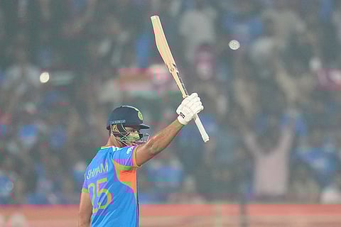 India's Shivam Dube celebrates after scoring fifty runs during the fourth T20 cricket match between India and New Zealand in Visakhapatnam.