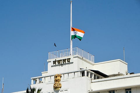 The national flag flies at half-mast at the Mantralaya building as Maharashtra observes three days of mourning following the demise of Deputy Chief Minister Ajit Pawar, who was killed in a plane crash, in Mumbai.