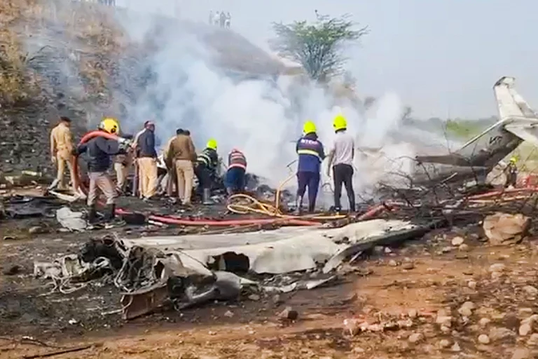 Rescue work underway after an aircraft carrying Maharashtra Deputy Chief Minister Ajit Pawar crashed during landing, at Baramati in Pune district, Maharashtra. - Photo: PTI