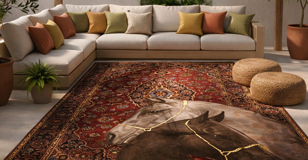 A large Pittari rug with a horse design in a modern living room with a sectional sofa.