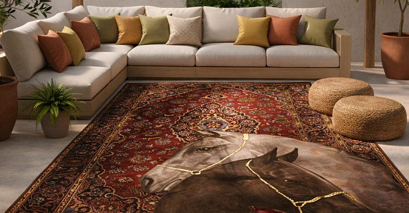 A large Pittari rug with a horse design in a modern living room with a sectional sofa.