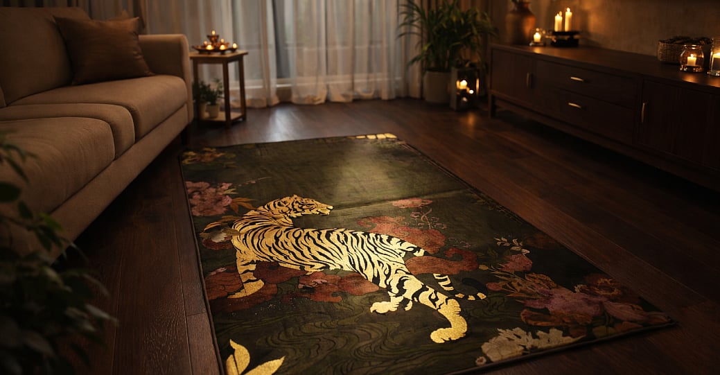 A handcrafted Pittari rug with a tiger design in a dimly lit living room.