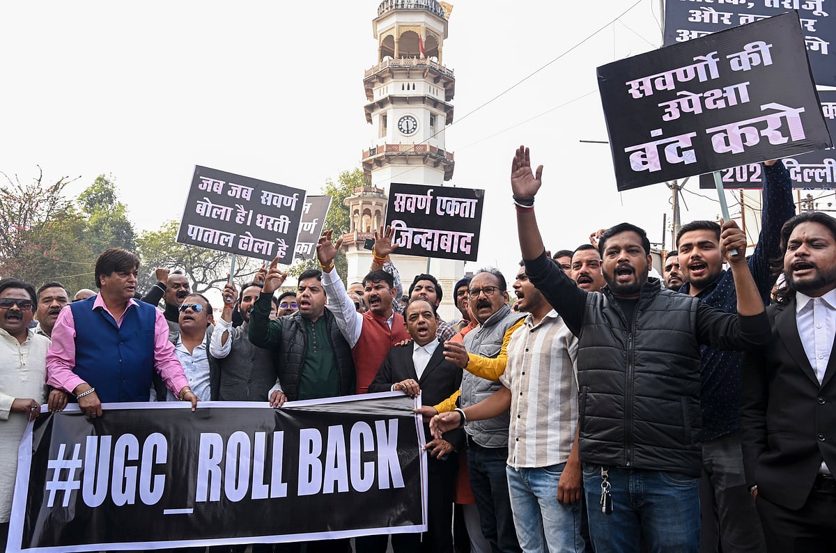 People hold placards during a protest against the University Grants Commission's recently notified 'Promotion of Equity in Higher Education Institutions Regulations, 2026', in Jabalpur, Wednesday, Jan. 28, 2026. - PTI