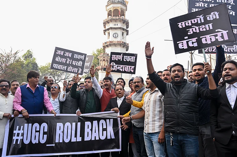 People hold placards during a protest against the University Grants Commission's recently notified 'Promotion of Equity in Higher Education Institutions Regulations, 2026', in Jabalpur, Wednesday, Jan. 28, 2026. - PTI