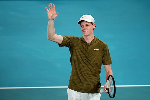 Jannik Sinner of Italy reacts after defeating Ben Shelton of the U.S. in their quarterfinal match at the Australian Open tennis championship in Melbourne, Australia.