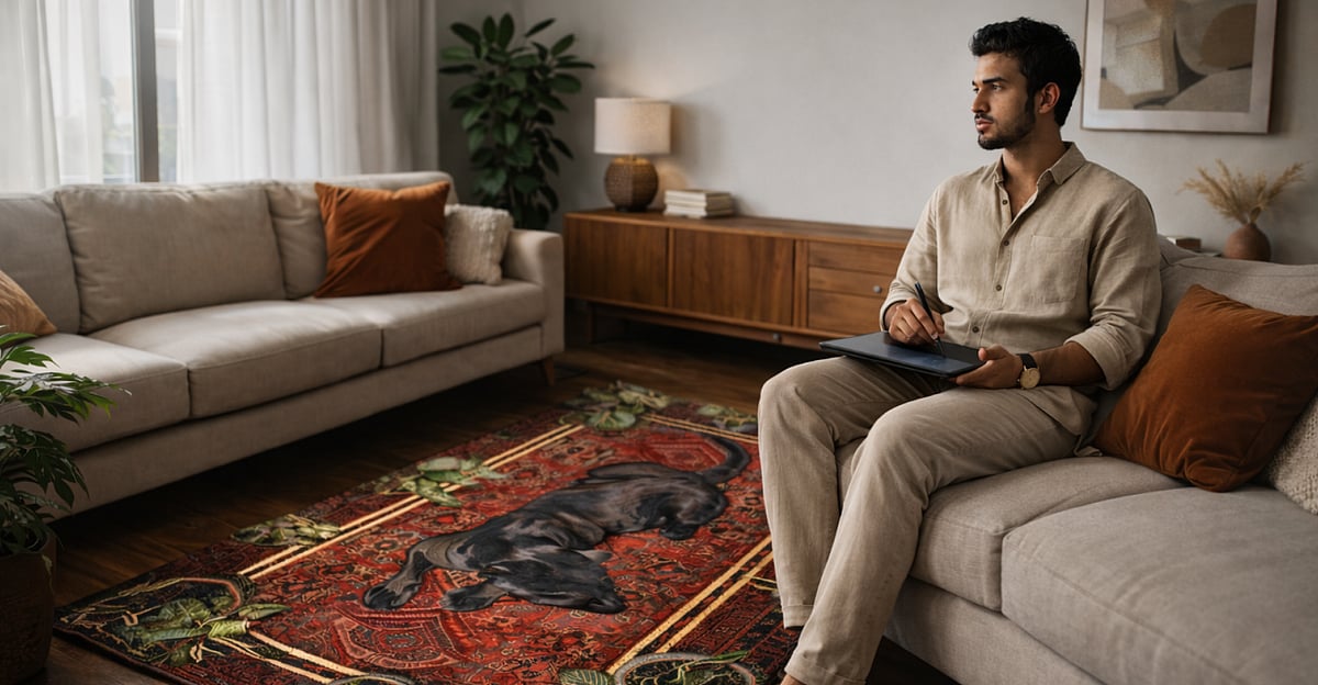A man sits on a sofa next to a Pittari rug featuring a blue animal design in a modern living room.