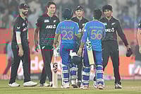 | Photo: AP/Aijaz Rahi : India's Kuldeep Yadav and India's Ravi Bishnoi congratulates New Zealand players after New Zealand won fourth T20 cricket match against India in Visakhapatnam.