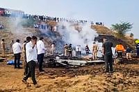 | Photo: PTI : Rescue work underway after an aircraft carrying Maharashtra Deputy Chief Minister Ajit Pawar crashed during landing, at Baramati in Pune district, Maharashtra.