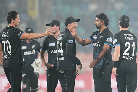 New Zealand's Ish Sodhi celebrates the dismissal of India's Arshdeep Singh during the fourth T20 cricket match between India and New Zealand in Visakhapatnam.