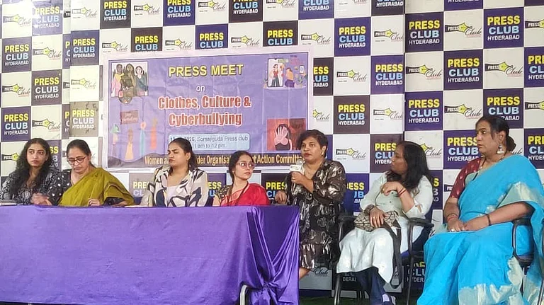 Deepthi Sirla at the press meet on "Clothes, Culture and Cyberbullying", hosted by the Women and Transgender Organisation Joint Action Committee, post the cyberbullying of Telugu actress Anasuya - X