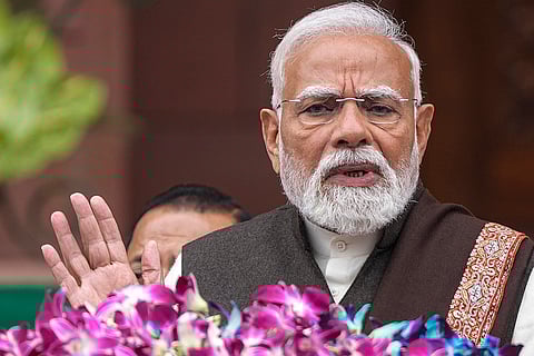 Prime Minister Narendra Modi addresses the media during the Budget session of Parliament, in New Delhi.