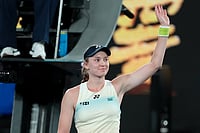 | Photo: AP/Asanka Brendon Ratnayake : Elena Rybakina of Kazakhstan reacts after winning her semifinal match against Jessica Pegula of the U.S. at the Australian Open tennis championship in Melbourne, Australia.