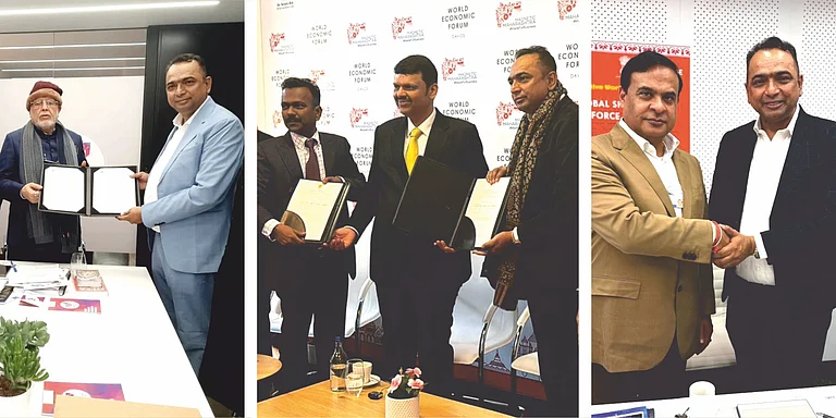 Mr. Sachidanand Upadhyay, MD of Lord's Mark Industries Ltd, with the CM and delegates from respective states signing various MOUs at the World Economic Forum in Davos-Klosters, Switzerland. - null