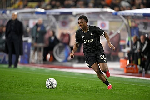 Juventus' Lois Openda controls the ball during the Champions League opening phase soccer match between Monaco and Juventus in Monaco.