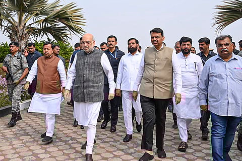 Union Home Minister Amit Shah, Maharashtra Chief Minister Devendra Fadnavis, Deputy CM Eknath Shinde, BJP National President Nitin Nabin and others arrive to attend the funeral of Maharashtra Deputy Chief Minister Ajit Pawar, at the Vidya Pratishthan ground, in Baramati, Pune district. 