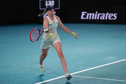 Elena Rybakina of Kazakhstan plays a forehand return to Jessica Pegula of the U.S. during their semifinal match at the Australian Open tennis championship in Melbourne, Australia.