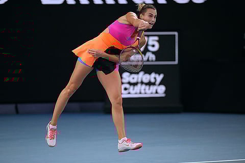 Aryna Sabalenka of Belarus serves to Elina Svitolina of Ukraine during their semifinal match at the Australian Open tennis championship in Melbourne, Australia.