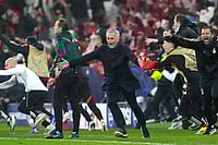 Benfica 4-2 Real Madrid, UEFA Champions League 2025-26: Eagles Takedown Nine-Men Los Blancos With Ease | Photo: AP/Armando Franca : Benfica's head coach Jose Mourinho runs celebrating at the end of a Champions League opening phase soccer match between Benfica and Real Madrid, in Lisbon.