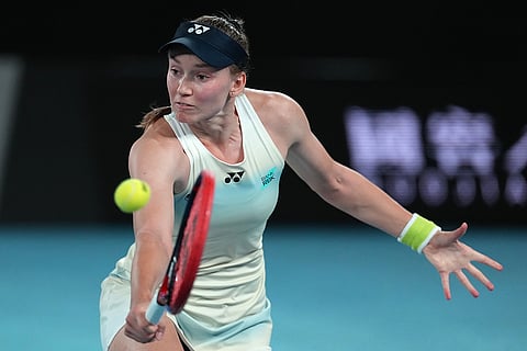 Elena Rybakina of Kazakhstan plays a backhand return to Jessica Pegula of the U.S. during their semifinal match at the Australian Open tennis championship in Melbourne, Australia.