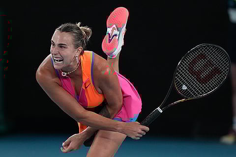 Aryna Sabalenka of Belarus serves to Elina Svitolina of Ukraine during their semifinal match at the Australian Open tennis championship in Melbourne, Australia.