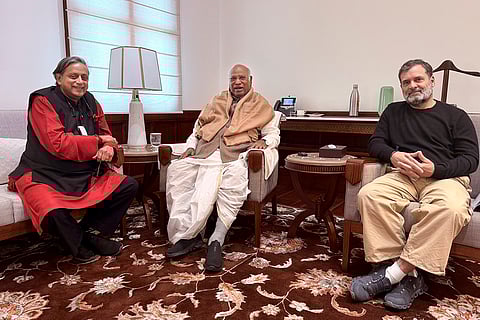 Leader of Opposition in the Lok Sabha Rahul Gandhi and Leader of Opposition in the Rajya Sabha and Congress President Mallikarjuin Kharge during a meeting with party leader Shashi Tharoor, in New Delhi. 