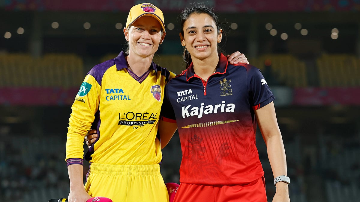 Captains Meg Lanning and Smriti Mandhana at the toss for match 18 of Women's Premier League 2026 between Royal Challengers Bengaluru and UP Warriorz. - X/WPL