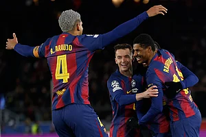 | Photo: AP/Joan Monfort : Barcelona's Marcus Rashford celebrates with team mates his side's fourth goal during the Champions League opening phase soccer match between Barcelona and Copenhagen in Barcelona, Spain.