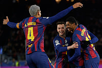 Barcelona 4-1 Copenhagen, UEFA Champions League 2025-26: Second-Half Blitz Sends BAR Through | Photo: AP/Joan Monfort : Barcelona's Marcus Rashford celebrates with team mates his side's fourth goal during the Champions League opening phase soccer match between Barcelona and Copenhagen in Barcelona, Spain.