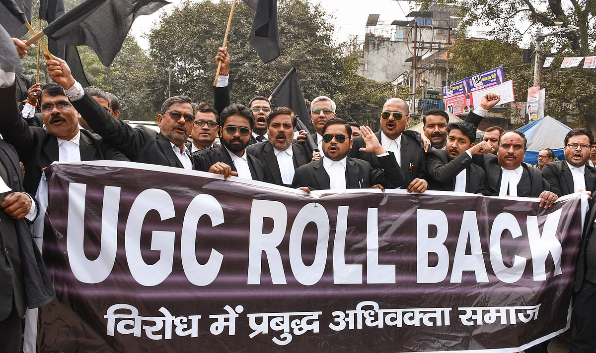 Prayagraj: Advocates of the Allahabad High Court hold a protest against the UGC Bill 2026, which introduces stricter rules to curb caste-based discrimination in higher education, in Prayagraj, Thursday, Jan. 29, 2026. - PTI