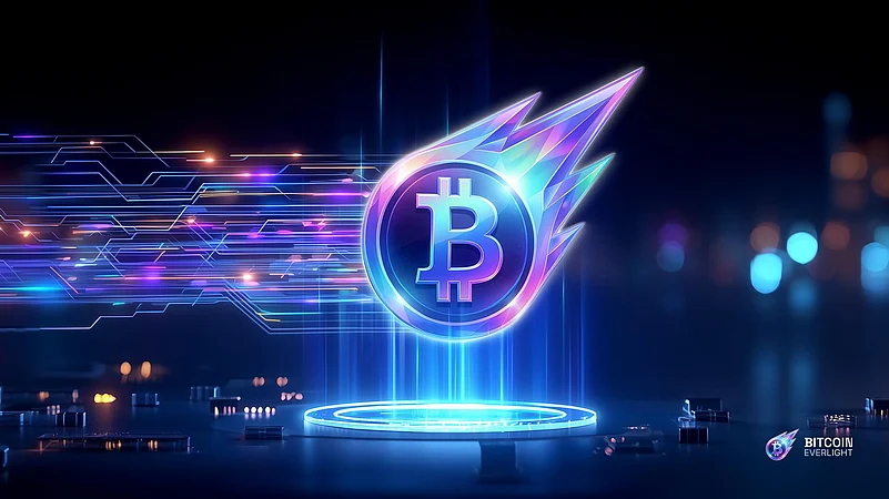 Glowy Bitcoin logo with a flame-like trail on a digital neon blue background.