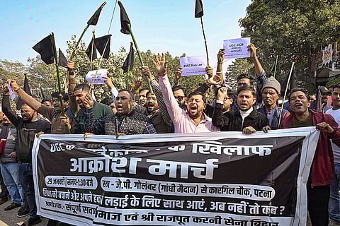 Members of the Rajput Karni Sena stage a protest against the new University Grants Commission (UGC) regulations, in Patna.