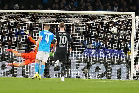 Napoli's Antonio Vergara scores his side's first goal during a Champions League opening phase soccer match between Napoli and Chelsea, in Naples, Italy.