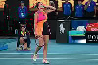 Australian Open 2026: Aryna Sabalenka Beats Elina Svitolina In Straight Sets To Reach 4th Consecutive Final | Photo: AP/Dita Alangkara : Aryna Sabalenka of Belarus celebrates after defeating Elina Svitolina of Ukraine in their semifinal match at the Australian Open tennis championship in Melbourne, Australia.