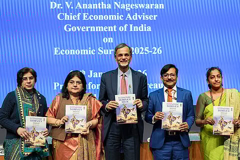 Chief Economic Advisor V Anantha Nageswaran, center, and others release Economic Survey 2025-26, in New Delhi.
